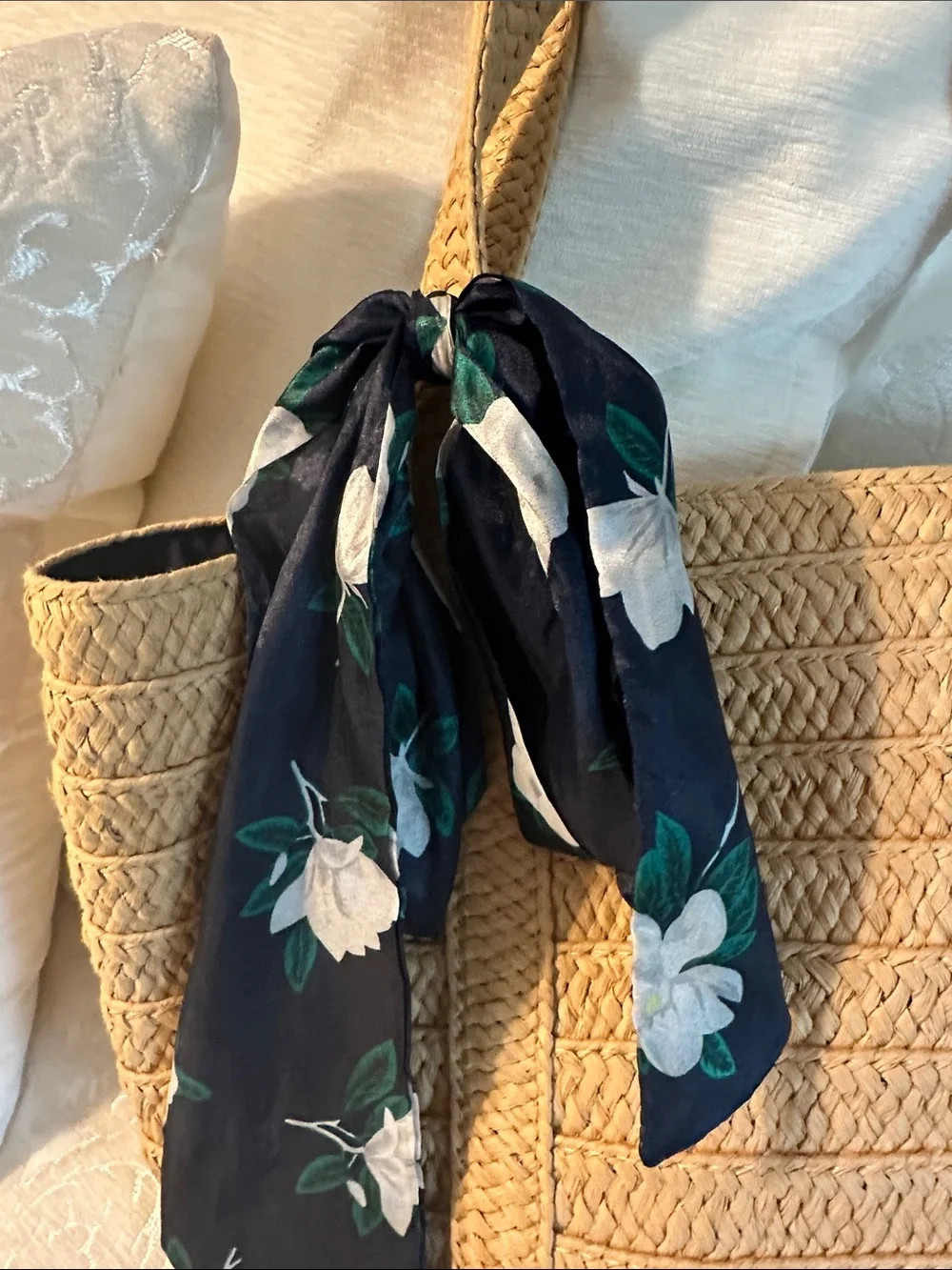 Draper James Beige Woven Straw Tote with Navy Floral Scarf